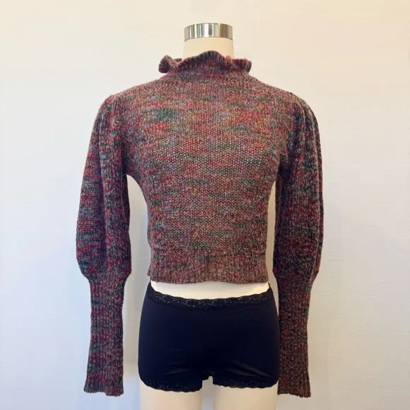 Vintage 80s Marled Knit Cropped Leg Mutton Balloon Purple Pink Sleeve Sweater 🔥 - Picture 7 of 10